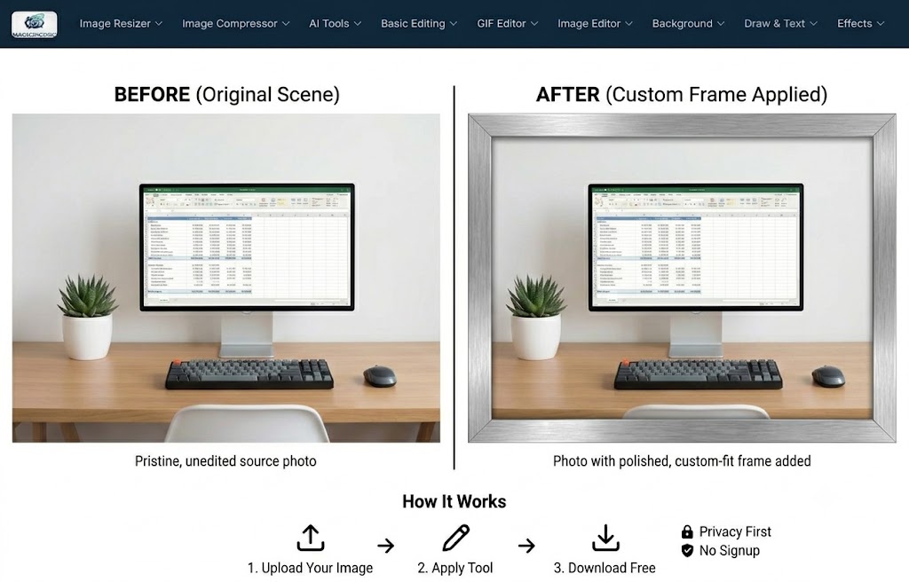 Add Frame before and after — clean home office photo with a polished silver custom frame added around the entire image