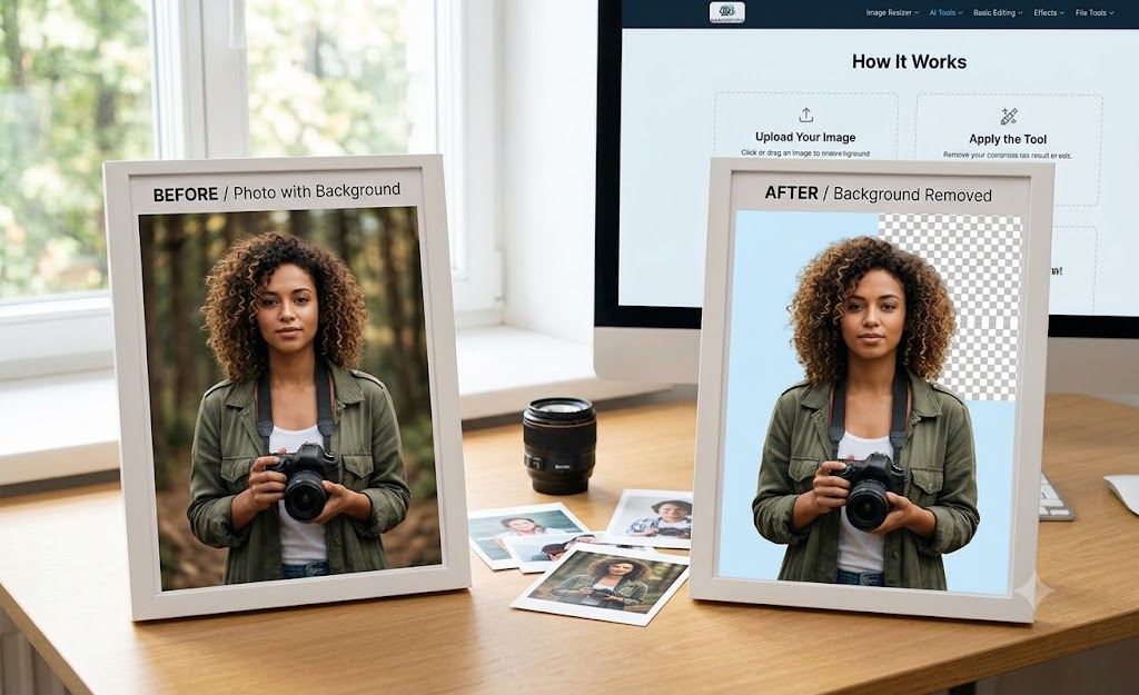 AI Background Remover before and after — woman with camera in forest background removed leaving clean transparent cutout