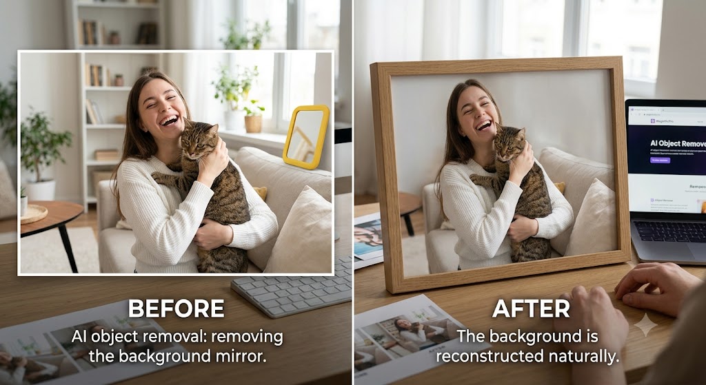 AI Object Remover before and after — yellow mirror on sofa in background seamlessly removed with surrounding wall and couch reconstructed