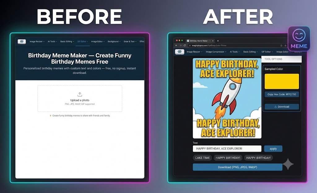 Birthday Meme Maker before and after — blank upload screen transformed into a rocket birthday meme with bold caption