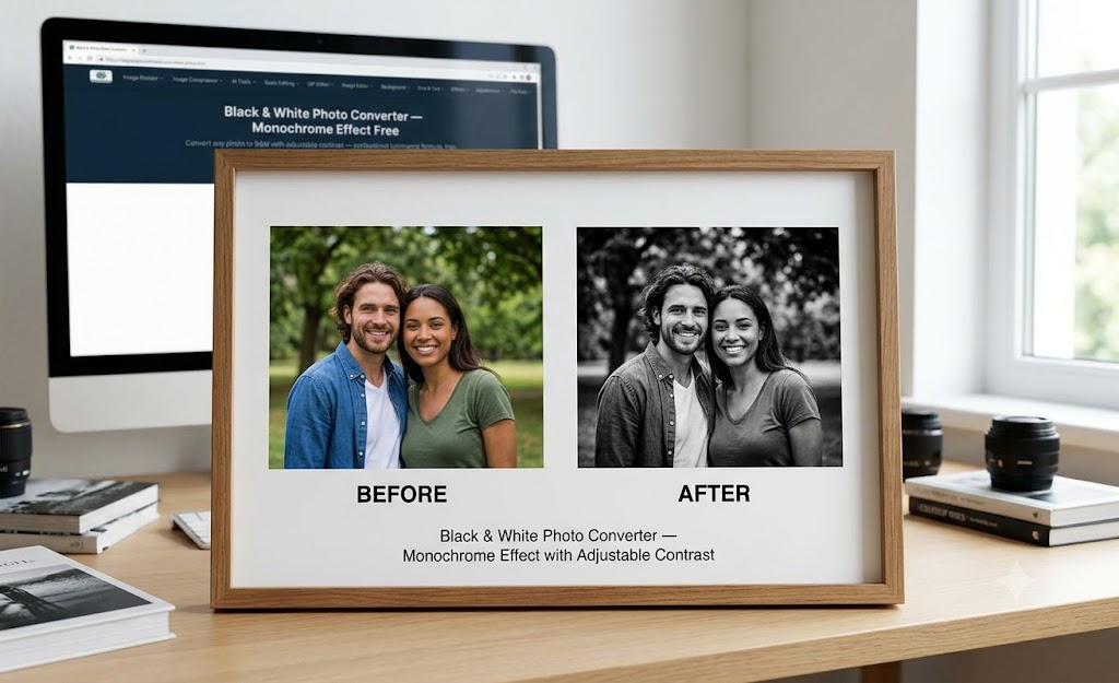 Black and White Photo before and after — color portrait of smiling couple in a park converted to a clean monochrome photograph with rich contrast