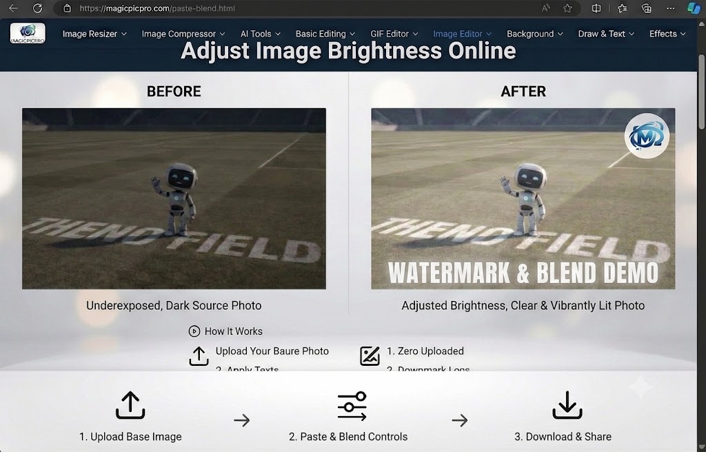 Brightness adjustment before and after — dark underexposed football field photo brightened to a clear, vibrantly lit result