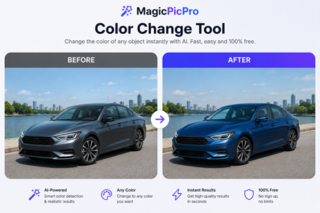 Color Change tool before and after — grey sedan transformed to a vibrant blue with realistic paint reflections and shading preserved