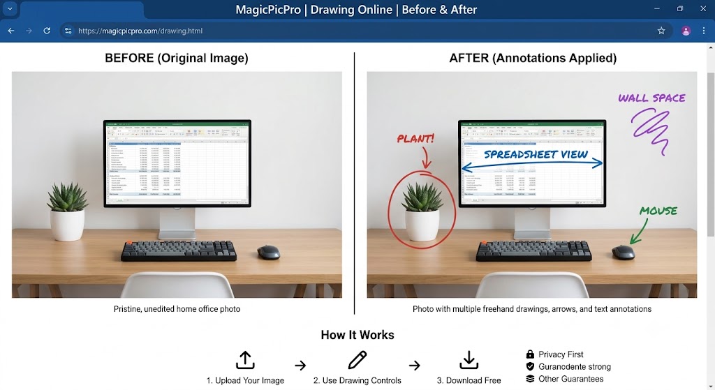 Drawing tool before and after — pristine home office photo annotated with freehand labels, arrows, circles, and colored text pointing to the plant, screen, and mouse