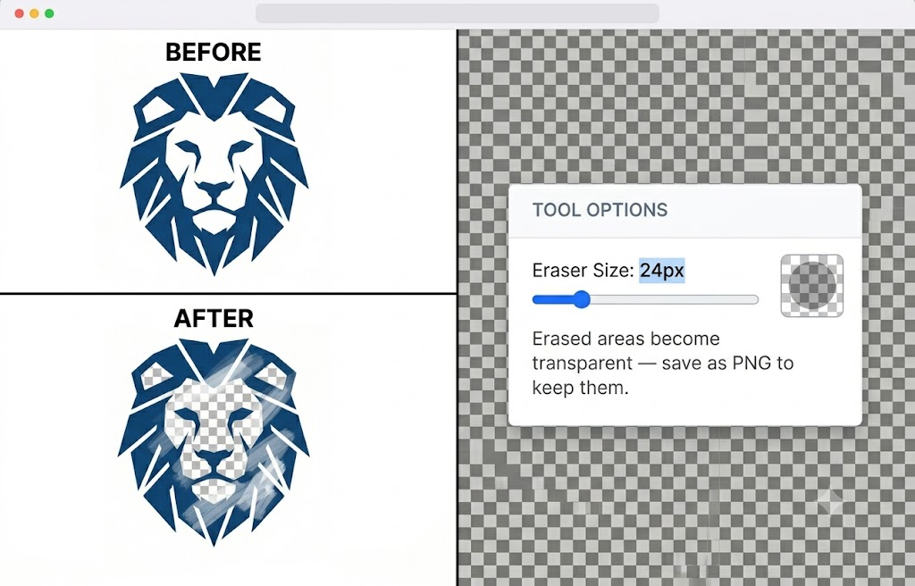 Eraser tool before and after — geometric lion logo with center area manually brushed away revealing transparent checkerboard beneath