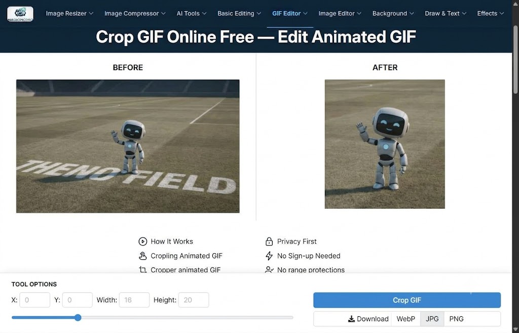 GIF Crop before and after — wide animated GIF of robot on football field cropped to a tight frame keeping the robot centered