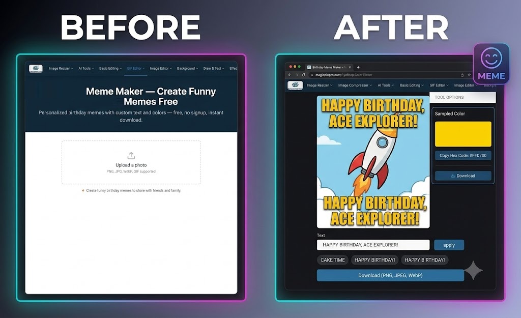 Dog Meme Maker before and after — blank upload screen transformed into a bold captioned dog meme with Impact font