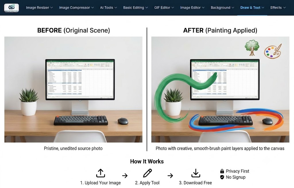 Painting Tool before and after — clean home office photo with bold smooth green and multicolor paint brush strokes painted over the canvas