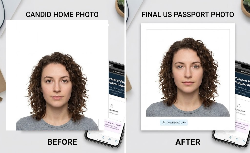 ID photo before and after — casual home portrait cropped to compliant 35×45 mm format with white background