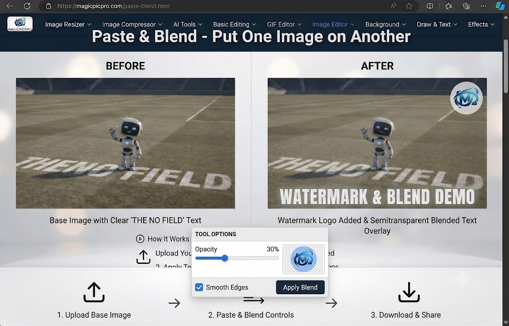 Paste and Blend before and after — clean robot football field photo with a logo watermark and semitransparent text overlay blended in at 30% opacity