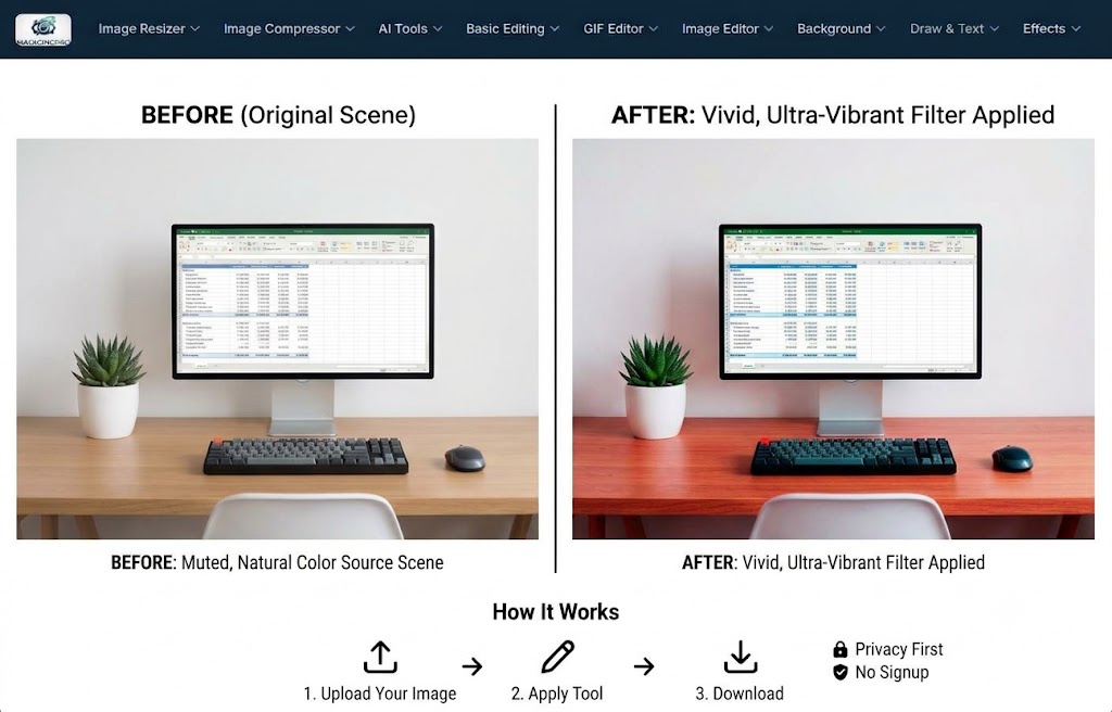Saturation adjustment before and after — muted natural home office photo boosted to vivid ultra-vibrant colors with rich warm desk tones and bright greens