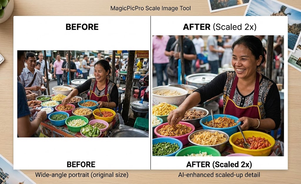 Scale Image before and after — street market photo scaled 2x with AI-enhanced detail showing sharper faces and food textures