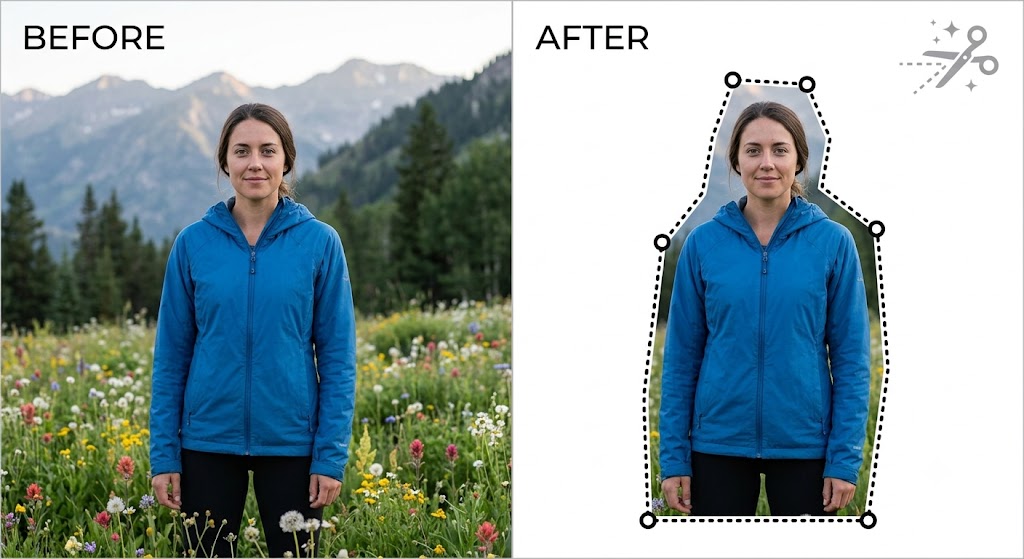 Scissors Crop Tool before and after — woman in blue jacket cut out from mountain meadow background