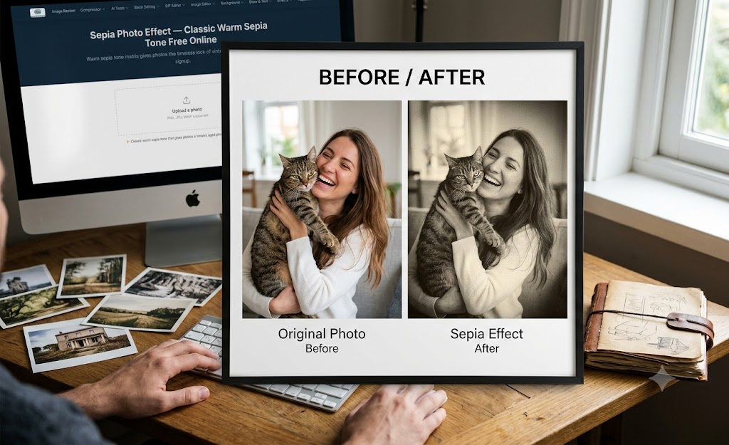 Sepia Photo Effect before and after — color portrait of smiling woman with cat transformed into a warm sepia-toned vintage photograph