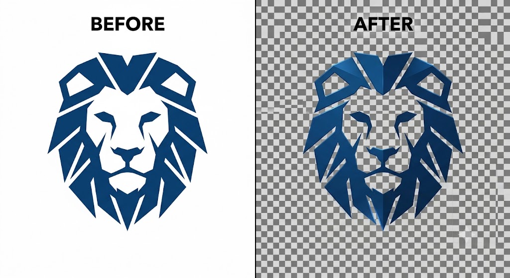 Transparent background before and after — blue geometric lion logo on white background converted to a clean transparent PNG