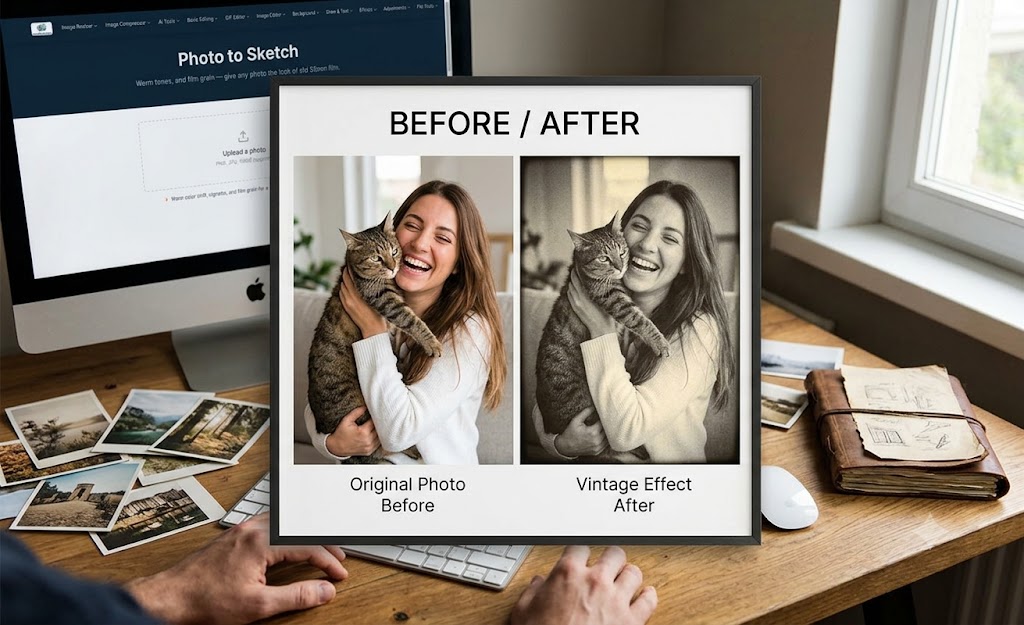 Vintage Photo Effect before and after — bright modern portrait of woman with cat transformed into a warm sepia-toned film photograph with grain